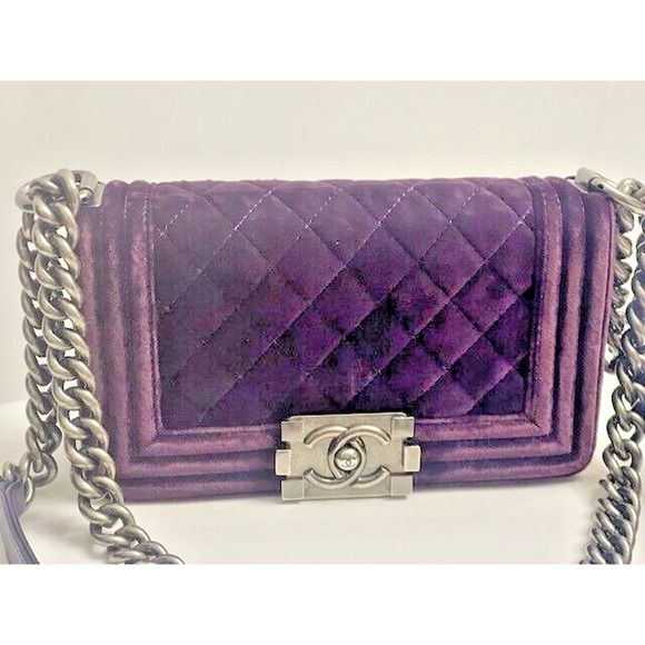CHANEL LE BOY Purple Silver Chain Small Velvet Lambskin Shoulder Bag Crossbody - Picture 1 of 16